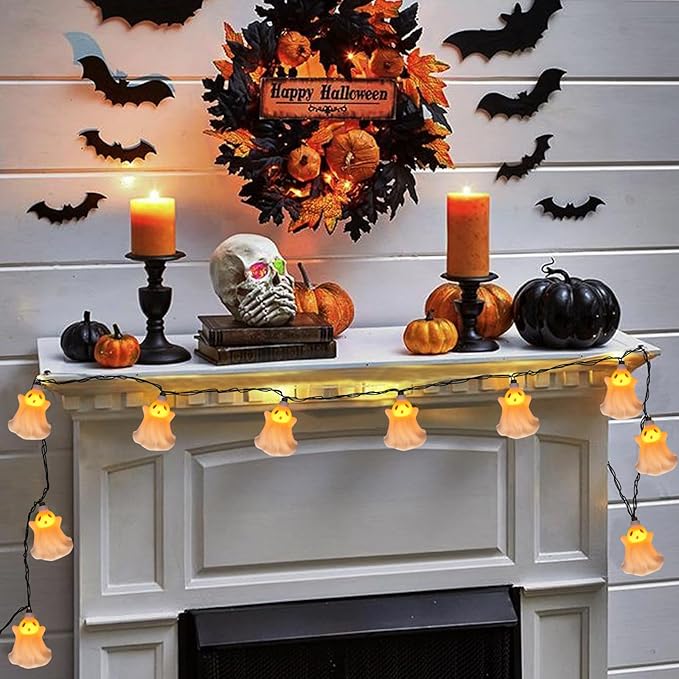 SUNSGNE Halloween Ghost LED String Lights 8.5FT Indoor String Lights with 10 LED White Genius for Outdoor Patio Indoor Home Bedroom Kids Room School Wall Decor