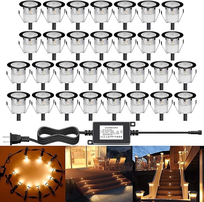 Low Voltage LED Deck Light Kit Stainless Steel Waterproof Recessed Wood Decking Stairs Garden Yard Patio Decor Lamp Outdoor Black Border LED Lighting (Warm White, 30pcs)