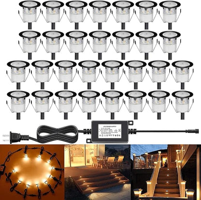 Low Voltage LED Deck Light Kit Stainless Steel Waterproof Recessed Wood Decking Stairs Garden Yard Patio Decor Lamp Outdoor Black Border LED Lighting (Warm White, 30pcs)
