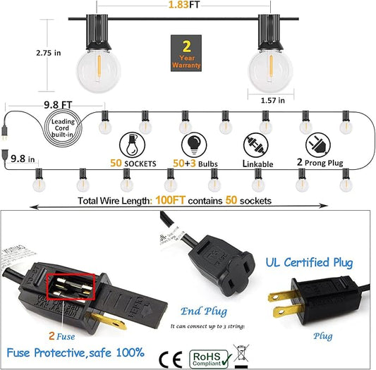 100FT LED String Lights Outdoor Waterproof G40 Globe String Lights with 52 Shatterproof Bulbs(2 Extra), Dimmable Connectable Patio Lights String for Hanging Bistro Backyard Gazebo Lights