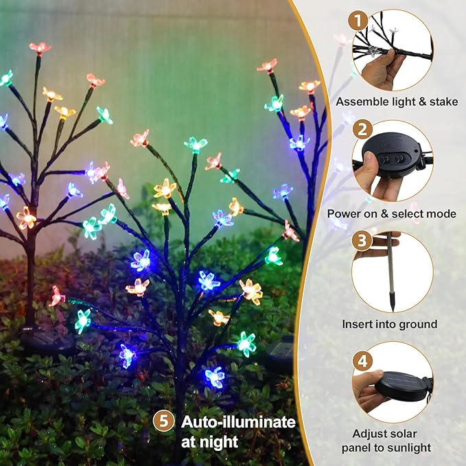 Solar Garden Lights Outdoor Garden Decor, 4 Pack Cherry Blossom Solar Flowers Outdoor Waterproof Fairy Solar Lights, Outside Yard Decorations for Patio Pathway Decor, Gardening Gifts for Women Mom