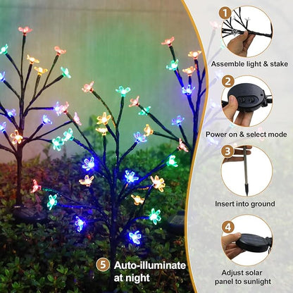 Solar Garden Lights Outdoor Garden Decor, 4 Pack Cherry Blossom Solar Flowers Outdoor Waterproof Fairy Solar Lights, Outside Yard Decorations for Patio Pathway Decor, Gardening Gifts for Women Mom