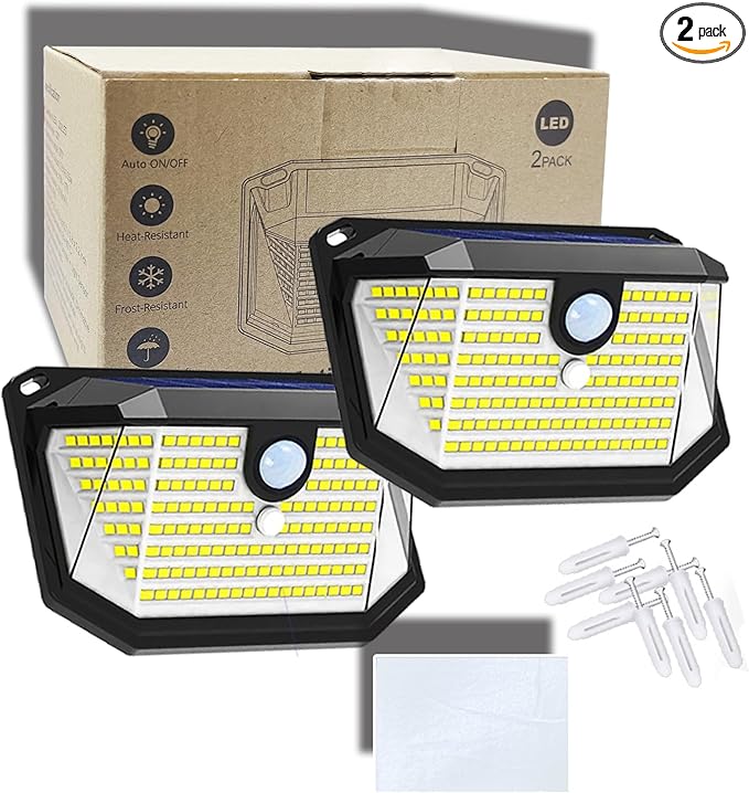 (2 Pack) Solar Wall Lights Outdoor, 202PCS LED White,Cordless,Waterproof IP65,0.55W PV Panel,Automatic Lighting | Lumora
