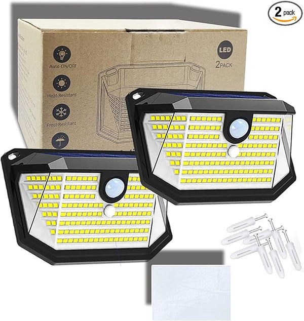 (2 Pack) Solar Wall Lights Outdoor, 202PCS LED White,Cordless,Waterproof IP65,0.55W PV Panel,Automatic Lighting | Lumora