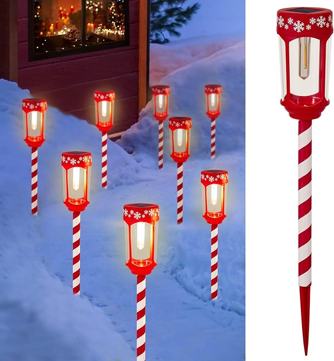 HUYIENO 8pk Solar Christmas Pathway Lights Stainless Steel Tube Glass Lens Decorative Outdoor Garden Path Lights Solar Powered Landscape Lighting for Walkway Yard Garden Lawn