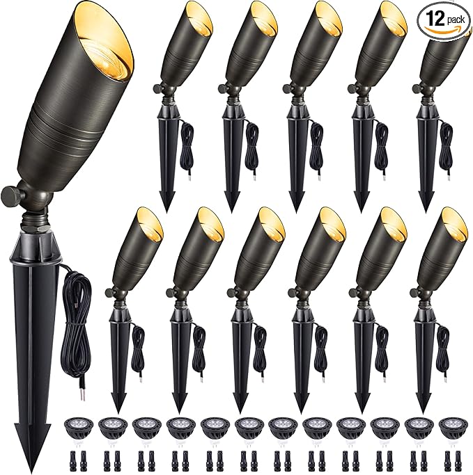 Gardenreet Die-Cast Brass Spot Light Outdoor - 12V LED Uplighting Waterproof, Low Voltage Landscape Lights Direct Wire, Bronze for Fence Fountain with Bright White MR16 Replaceable Bulbs (12 Pack)