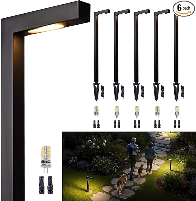 Gardenreet Brass Black Low Voltage Pathway Lights, Waterproof Outdoor Landscape Path Lights, 12V LED Wired Bronze L Shape Garden Lights for Yard Walkway House with 3W 270LM 5000K G4 Bulb 6 Pack