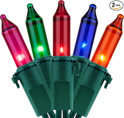 YULETIME 200 Multicolor Christmas Lights, Pack of 2 Sets 33 Feet 100 Count UL Certified Incandescent String Lights (Multicolor - Green Wire)
