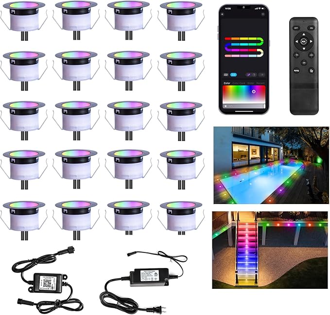 LED Deck Lights Kit, 20 Pack 1.77" RGBW+IC Multicolor Dynamic Low Voltage Recessed Landscape Lights, IP67 | Lumora