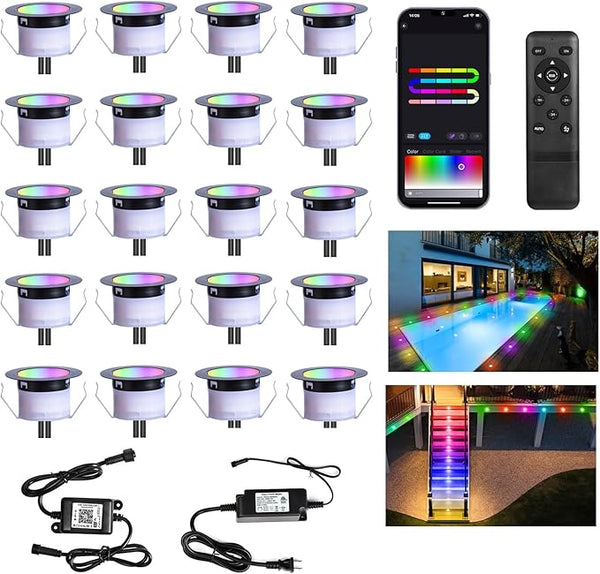 LED Deck Lights Kit, 20 Pack 1.77" RGBW+IC Multicolor Dynamic Low Voltage Recessed Landscape Lights, IP67 | Lumora