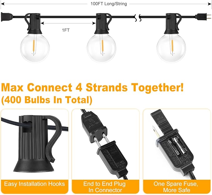 100FT Outdoor G40 LED Globe String Lights Dimmable Waterproof Shatterproof Patio Lights with 104 Bulbs Connectable | Lumora