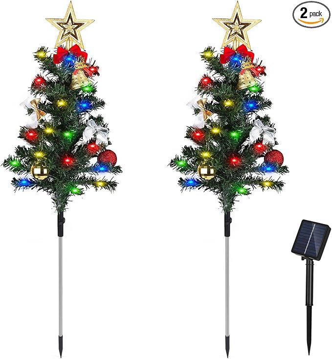2 Pack Solar Christmas Decorations Tree Lights, Upgraded Outdoor Solar Stake Decorative Lights Xmas Tree W/100 LED-RGB Lights, 8 Lighting Modes & IP65 Waterproof, for Garden Pathway Lawn Patio