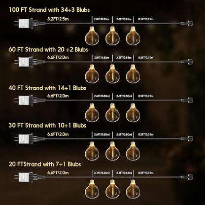 Outdoor String Lights 100ft LED Hanging Globe Patio Lights with G40 Shatterproof Bulbs(34+3 Bulbs), Waterproof Connectable Hanging Light for Indoor Outdoor Decor Garden Camping Backyard Porch