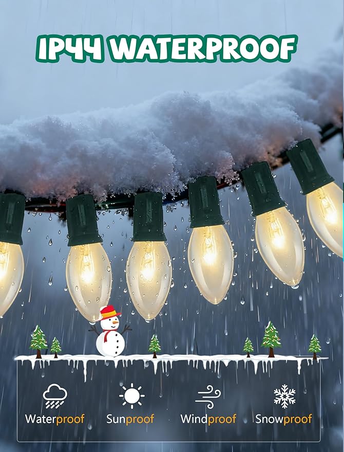 C9 Clear Christmas Lights, 25Ft Vintage Outdoor String Lights with 26 C9 Clear Bulbs, Hanging Christmas Roofline Lights for Outdoor Halloween Christmas Patio, Cafe, Party Decor- Green