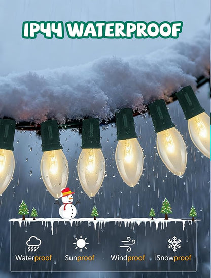 C9 Clear Christmas Lights, 25Ft Vintage Outdoor String Lights with 26 C9 Clear Bulbs, Hanging Christmas Roofline Lights for Outdoor Halloween Christmas Patio, Cafe, Party Decor- Green