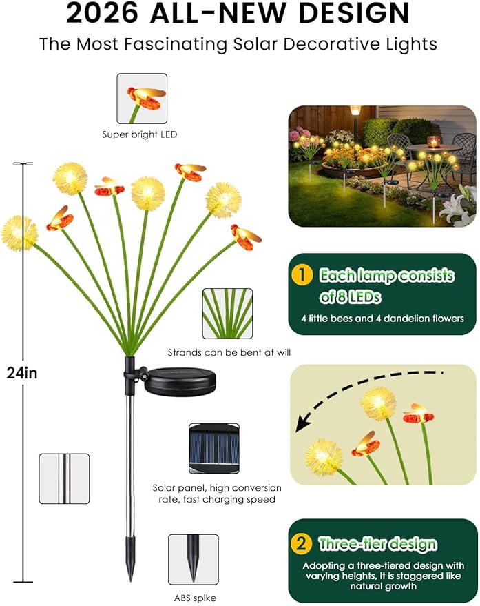 Solar Garden Lights Outdoor (2 Pack 16 LED), Solar Swaying Dandelion Bee Lights Waterproof, Cute Flower Pathway Lights for Yard Lawn Patio Decorations, 2 modes (Steady on, Slow Twinkle), Warm White