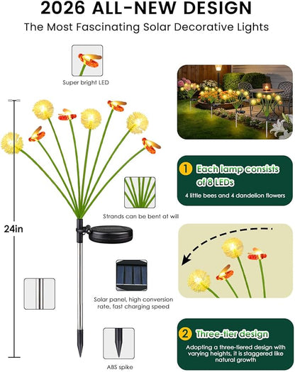 Solar Garden Lights Outdoor (2 Pack 16 LED), Solar Swaying Dandelion Bee Lights Waterproof, Cute Flower Pathway Lights for Yard Lawn Patio Decorations, 2 modes (Steady on, Slow Twinkle), Warm White