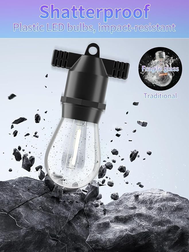 27FT LED String Lights Outdoor S14 Patio Light, Patio Lights Edison Shatterproof Bulbs Weatherproof Strand, Commercial Grade Outdoor Lighting, Decorative for Garden or Patio
