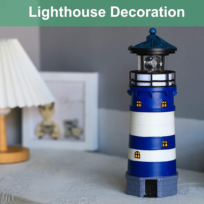 Lighthouse with Rotating Beacon LED Lights - Solar Lighthouse Lamp Outdoor Decorative for Garden Patio Well Cover Gifts (Blue1)