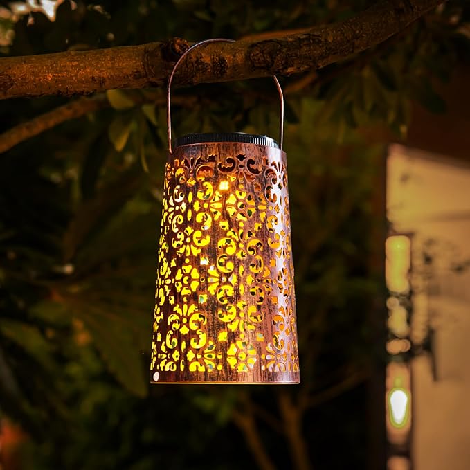 4 Pack Solar Hanging Lanterns Outdoor, 2 Modes Adjustable White & Warm Light, Auto On/Off Metal Waterproof Solar Lights for Patio Garden Wall & Tabletop Decor