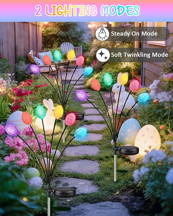 Upgraded 4 Pack Solar Easter Egg Lights Outdoor, Colorful Swaying Firefly Lights with 2 Lighting Modes, Waterproof | Lumora