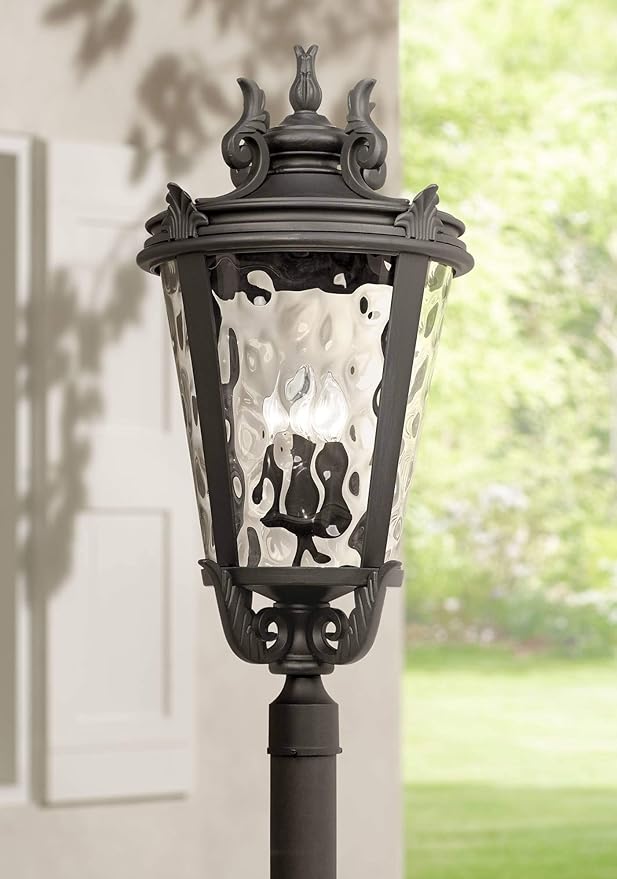 John Timberland Marseille Vintage Outdoor Post Light Fixture Textured Black Scroll 33 1/2" Clear Hammered Glass for | Lumora