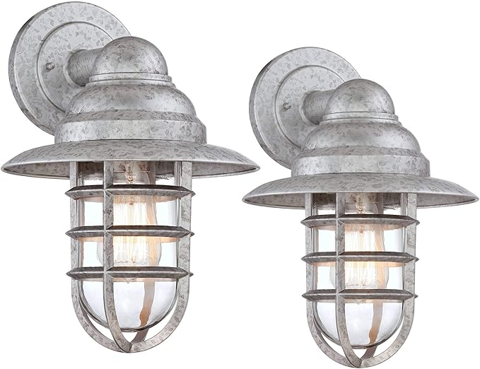 John Timberland Marlowe 13 1/4" High Farmhouse Rustic Modern Hooded Cage Outdoor Wall Light Fixture Mount Porch House Exterior Outside Set of 2 Edison Bulb Weatherproof Galvanized Clear Glass Shade