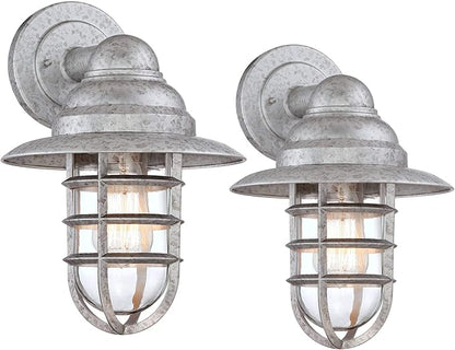 John Timberland Marlowe 13 1/4" High Farmhouse Rustic Modern Hooded Cage Outdoor Wall Light Fixture Mount Porch House Exterior Outside Set of 2 Edison Bulb Weatherproof Galvanized Clear Glass Shade