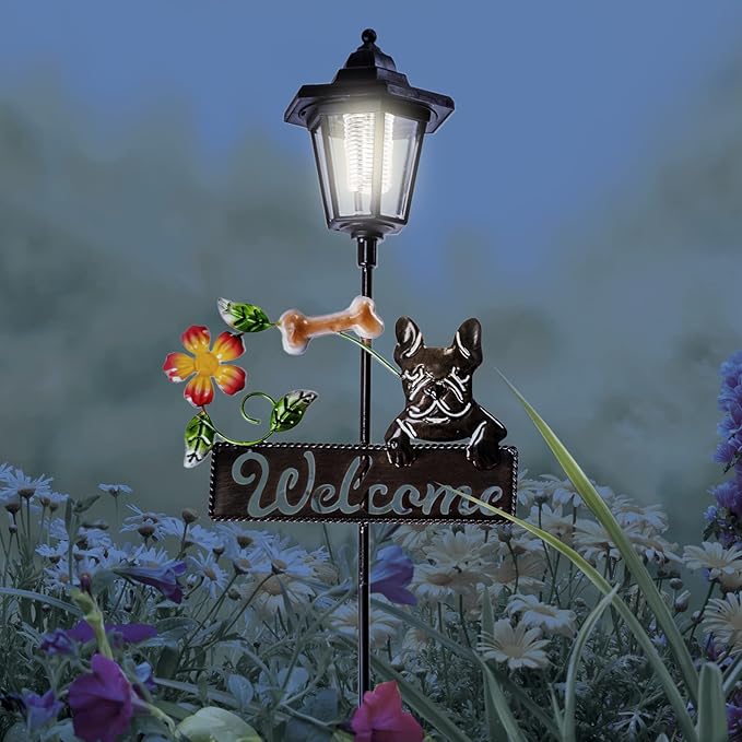 Crosslight Solar LED French Bulldog Welcome Sign - Weatherproof Garden Stake Light for Outdoor Decoration - Decor for Yard, Lawn, Patio, Pathway, Backyard | Warm White