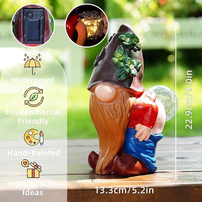 Solar Garden Statues Lights, 8.5" Christmas Outdoor Gnome Figurine with Auto On/Off for Yard Patio Decor, Gifts for Women, Grandma, Mom, Housewarming