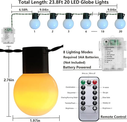 Fairy Lights Battery Operated 23.8Ft 20 LED Globe String Lights, Shatterproof G50 Edison Lights String with Remote Timer, Warm White Christmas Lights for Bedroom Camping Balcony Christmas Tree Decor