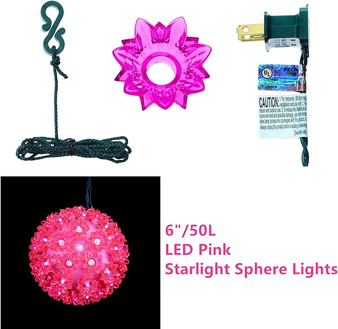 LUCKY SHINE 6 Inches Starlight Sphere Lights with 50 LED Pink Lights, UL Listed and Commercial Hanging Sphere Light, for Indoor and Outdoor Easter, Christmas, Halloween