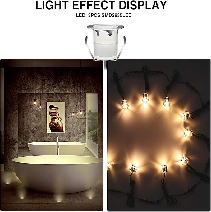 Low Voltage LED Recessed Deck Lighting Kit,Stainless Steel Waterproof Recessed Wood Decking Stairs Garden Yard Patio Decor Lamp Outdoor Warm White LED Lighting, Pack of 10