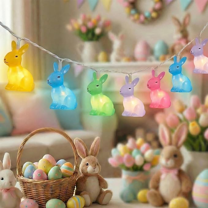 Easter Rabbit String Lights 8.5FT Plug in Bunny Fairy Lights Outdoor Easter Decorations String Lights with 10 Multicolor Bunny Lights for Indoor Wedding Birthday Party Garden Wall Home Decorations