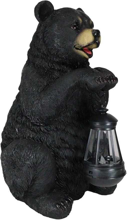 Ebros Gift Rustic Garden Decorative Adorable Forest Black Bear Holding Lantern Greeter Statue Figurine Solar LED Lantern Path Light for Indoor Outdoor Home Bears Wild Animals Sculpture