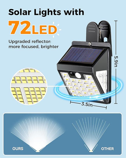 Clip On Solar Lights Outdoor,Motion Sensor Outdoor Lights,72LEDs 600LM Clip on Solar Fence Lights Outdoor Waterproof LED,Solar Lights for Wall Fence,Deck, Gutter,Camping (2 Pack)