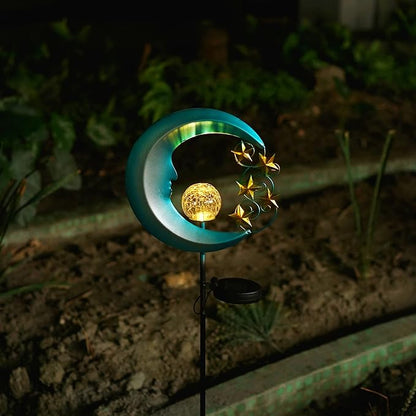 Solar Moon Lights - Outdoor Garden Lights with Crackle Glass Balls and Golden Stars - Waterproof Pathway Stakes for Lawn, Patio, or Yard - 2 Pack - Blue