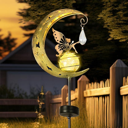 LOVERUIS Solar Garden Lights Outdoor Fairy Moon Lamp Waterproof Moon Garden Solar Light with Crackle Glass Ball LED Stake Lights Angel Decorative for Grave Balcony Lawn Patio Pathway (ARS-XIANNV)