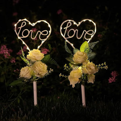 2 Pack 16 Inch Solar Heart Garden Stake Lights with Grave Decorations for Memorial Cemetery Flowers Metal Garden Art for Patio Lawn Garden Decor Solar Outdoor Love