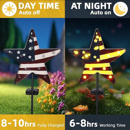 Garden Solar Lights 4th of July Decorations 3D Metal Stars for Outside with 11 Vintage Bulbs, Memorial Day Decorations American Flag Lights Patriotic Decor Outdoor Solar Pathway Light 46.5”