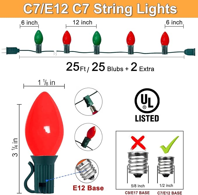Couah C7 Christmas String Lights, 25FT Vintage Ceramic Christmas String Light Set 27 Red＆Green Bulb C7 Light(2 Spare) for Outdoor Holiday Party Wedding Decoration, Green Wire