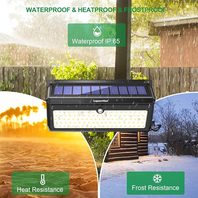 Luposwiten 100 LED Solar Lights Outdoor Waterproof - 2000 Lumens Solar Motion Lights Outdoor with 125° Lighting Angle, Easy-to-Install for Front Door, Yard, Garage, Garden (2-Pack)