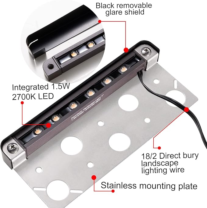 Gardenreet LED Hardscape Light,Cast Aluminum Housing,Integrated 1.5W 2700K Warm White Source, Landscape Step Light,7 Inches Long, Low Voltage 12V AC/DC