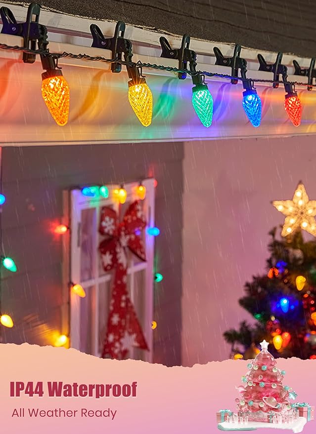 C9 LED Christmas Lights Outdoor, 68 Feet 100 LED Strawberry String Lights with 100 Spring Clamps, Waterproof Commercial Grade Extendable for Outside Roofline Patio Home Xmas Decoration, Multicolor