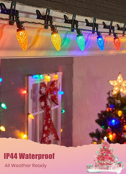 C9 LED Christmas Lights Outdoor, 68 Feet 100 LED Strawberry String Lights with 100 Spring Clamps, Waterproof Commercial Grade Extendable for Outside Roofline Patio Home Xmas Decoration, Multicolor