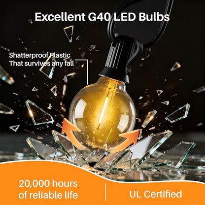 25 FT Yellow Outdoor String Lights G40 Globe Shatterproof Patio Lights,13 Plastic Edison Bulbs(1 Spare) IP65 Waterproof Dimmable LED Bulbs for Backyard Porch Balcony Party Decor, E12 Base