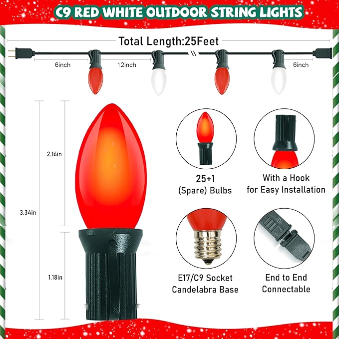 Christmas Multicolor String Lights, Vintage red White Christmas Decor with 26 Red/White Bulbs, 25FT UL Certified C9 | Lumora