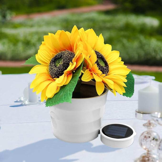 Solar Sunflower Bonsai Lamp, LED Artificial Flower Lamp Sunflower Solar Lights Outdoor Waterproof, Flower with Vase Garden Decor Table Light for Back Yard Decorations