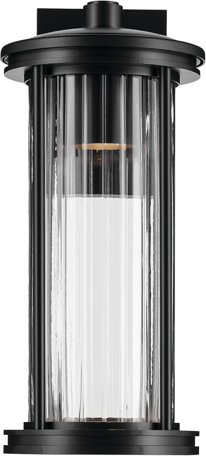 Kichler Barras 16" 1-Light Outdoor DarkSky Approved Wall Sconce with Clear Ribbed Glass in Black, Vertical Mount | Lumora