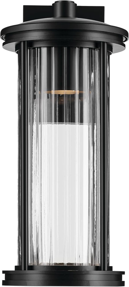 Kichler Barras 16" 1-Light Outdoor DarkSky Approved Wall Sconce with Clear Ribbed Glass in Black, Vertical Mount, (16" x 7.25"), 59023BKDS